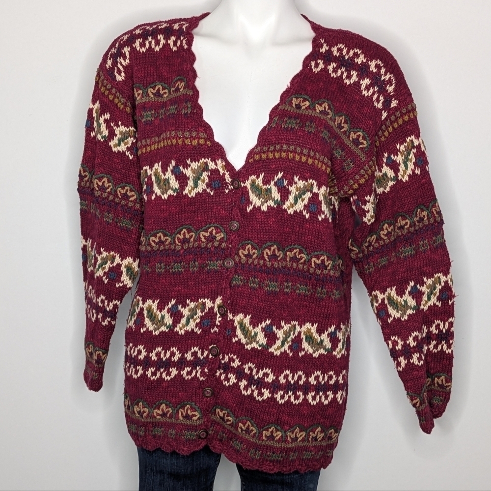 Vintage Gina Peters Red Cream Button Up V Neck Cardigan Sweater S